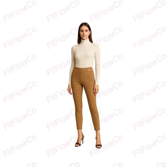 ⭐Halston Faux Suede Pull-On Pants M Camel – Gold Buckle Detail NWT - Picture 1 of 8
